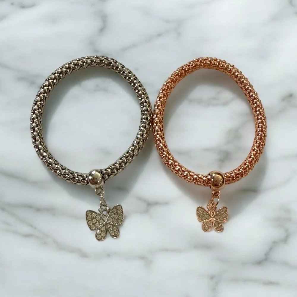 Elegant Stretch Bracelet Set - Rose Gold & Silver Butterfly‎ Charms